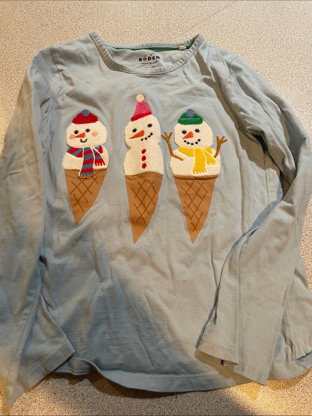 Boden Light Blue Long Sleeve Top with Snowman Ice Cream Trio